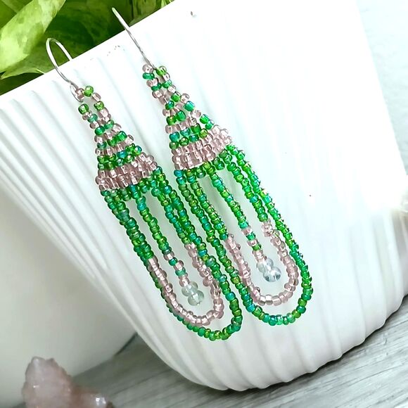 Boho Chic Beaded Dangle Earrings, Pink & Green, Seed Bead Jewelry, 3.5" - Picture 1 of 9